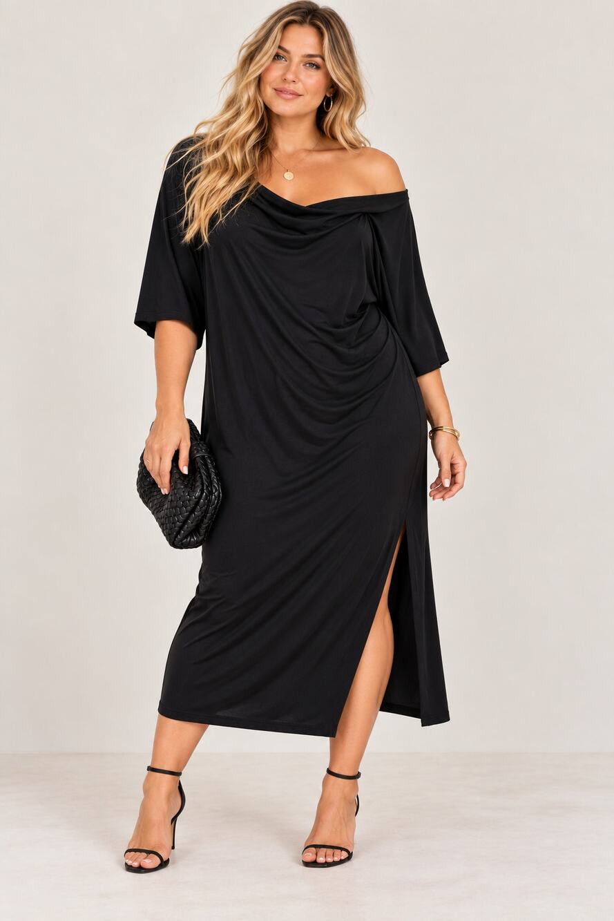 Eloquii Black Off Shoulder Midi Dress Womens 24 Casual Classic Cut Out Stretch